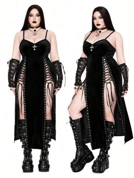 Whyspr Goth Punk Plus Size Women Punk Style Spaghetti Strap Sexy Lace Up High Slit Bodycon Dress