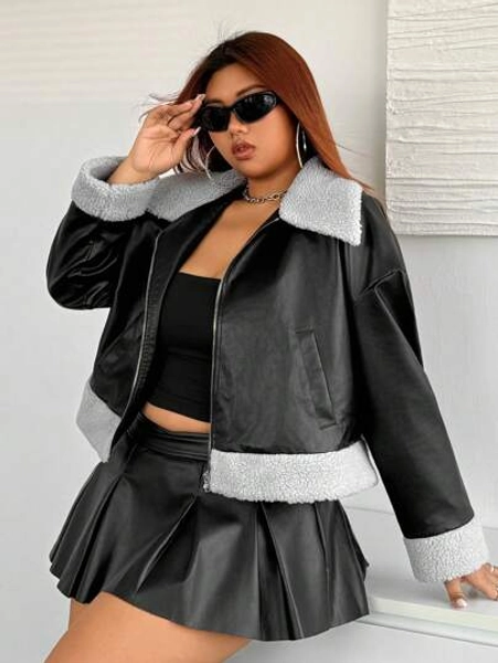  PU Leather Contrast Fluffy Trim Jacket
