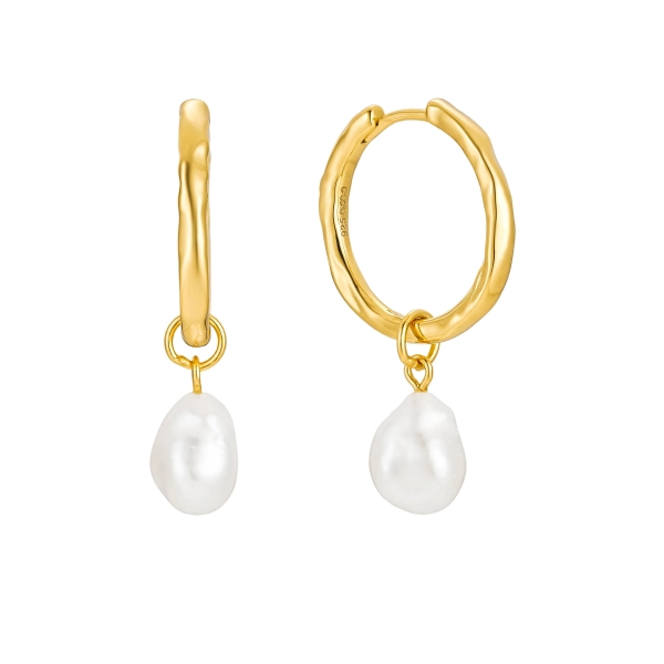 Pearl Hammered Hoop Earrings/18K Yellow Gold & White Pearl