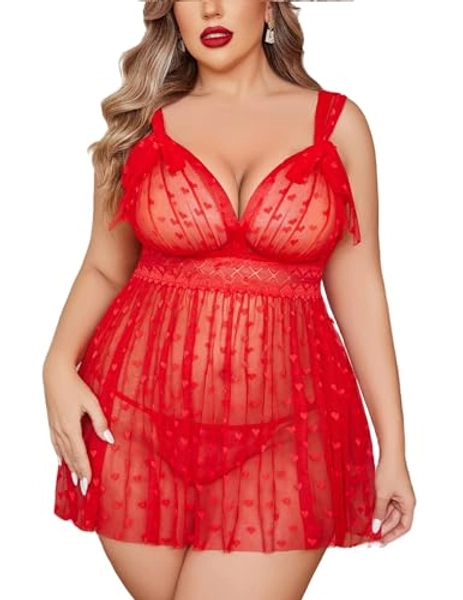 Avidlove Sexy Lingerie for Women Plus Size Babydoll Lace Nightwear Strap Chemise Sheer Nightie with Lace Up Bows L-4XL