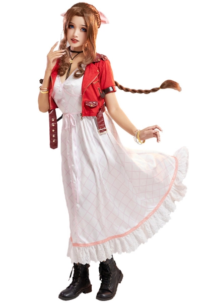 FF Aeris Gainsborough Cosplay Costume Dress Set with Accessory