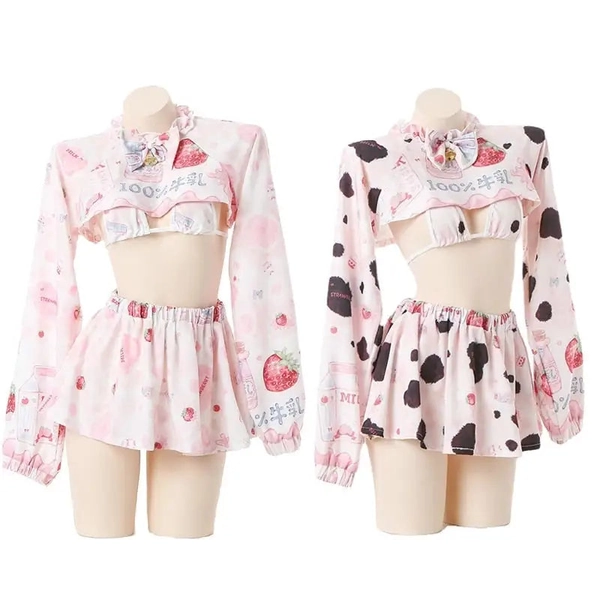 Strawberry Pink Cow Lingerie Cosplay Set