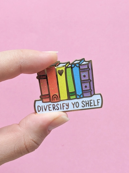 Diversify Shelf Enamel Pin - RAINBOW GLITTER - Feminist Enamel Pin, Book Pin, Nerd Gift, Geek Chic, Book Gift, Girl Power, Representation