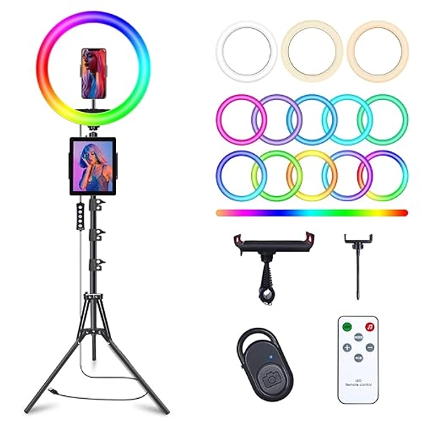 10" Selfie Ring Light with 73" Tripod Stand & 1 Phone Holder, LED Camera Ringlight with 48 RGB Colors Modes & Musical Rhythm Mode and 12 Brightness Dimmable for TikTok/Makeup/Photography/Vlog