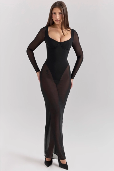 Everly Black Mesh Maxi Dress with Bodysuit
