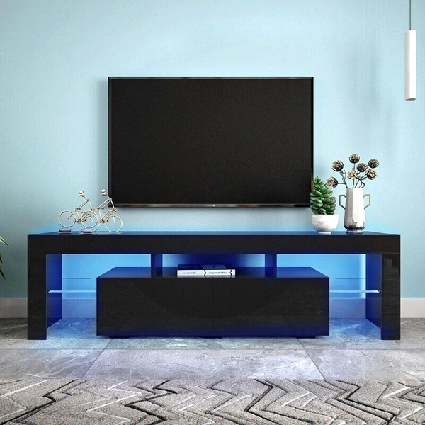 TV Cabinet Entertainment Unit Stand LED Gloss Furniture 160cm Black