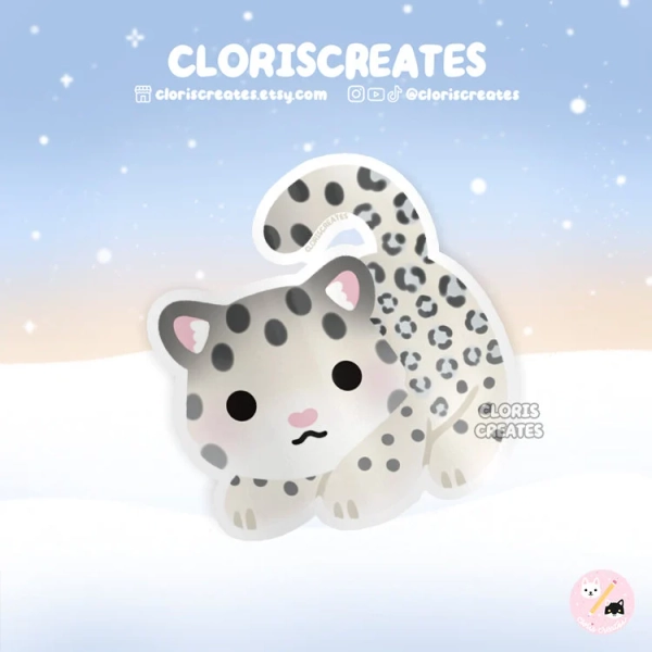 Snow Leopard Waterproof Vinyl Sticker | Kawaii Chibi Big Wildcat Animal Lover Art Laptop Decal | Cute Cartoon Zoo Souvenir Wildlife Gift