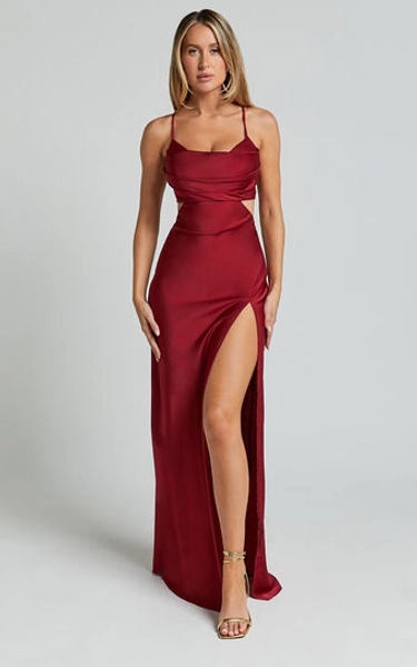 Sophie Maxi Dress - Cowl Neck Cross Back Dress in Red