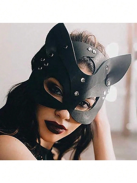 Woman Leather Cat Mask Costume Bunny Fox Masks,Animal Half Face Mask Cosplay Halloween Party Women Ladies