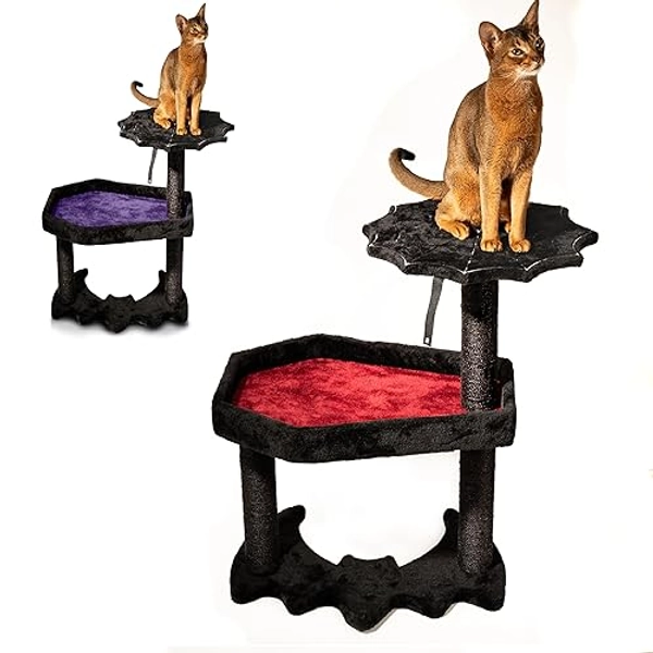 Gothic Cat Tree with Coffin Cat Bed & Spooky Cat Toys - Spooky cat Tree for Halloween cat (Large) - Black and Red