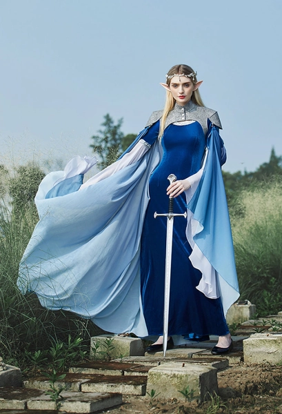 Medieval Gradient Blue Elf Shawl, Waistcoat And Train