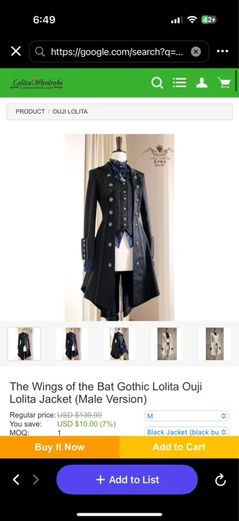 The Wings of the Bat Gothic Lolita Ouji Lolita Jacket (Male Version)