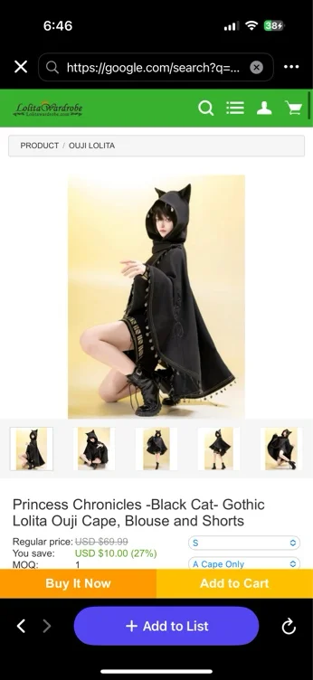Princess Chronicles -Black Cat- Gothic Lolita Ouji Cape, Blouse and Shorts