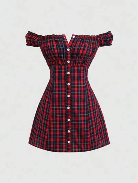 Sweetra Summer Fashion Plaid Off Shoulder Cinched Waist Mini Dress