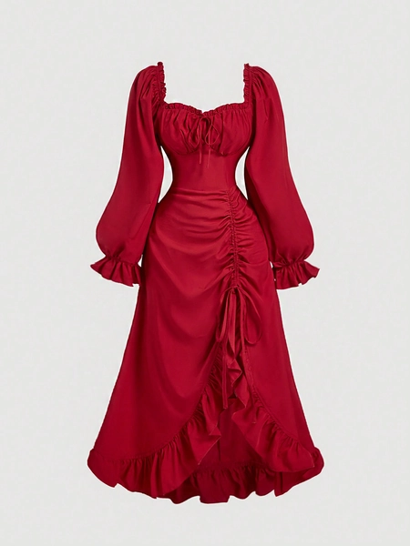 SHEIN MOD Red Vintage Square Collar Puff Sleeve Drawstring Ruffle Hem Long Dress For Women, Halloween Costume, Day Of The Dead Outfit