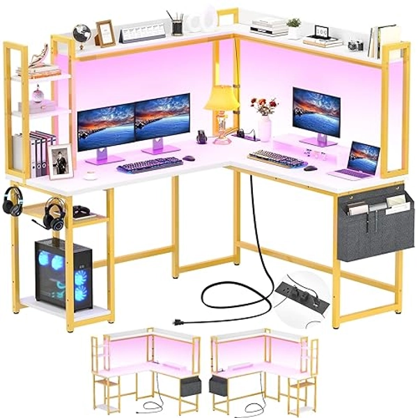 Aheaplus L Shaped Desk with Power Outlet, L Shaped Gaming Desk with Led Light & Hutch, Reversible Home Office Desk, Corner Computer Desk Writing Desk with Monitor Stand & Storage Shelf, White+Gold