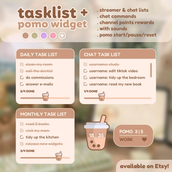 Task list Widget & Pomodoro Coworking Timer | Bubble Tea | To-do list for Streamer and Chat / Streamelements OBS