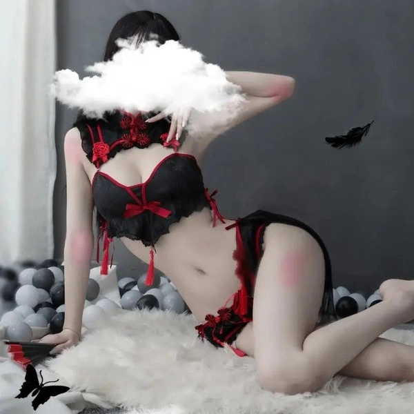 Oriental Inspired Lingerie Set with Ruffled Lace and Red Trim