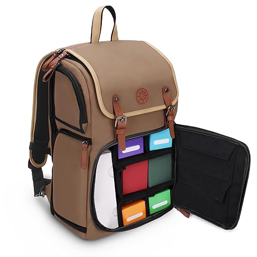 ENHANCE Full-Size Trading Card Storage Box Backpack for Playing Card Case - Card Binder Space, TCG Deck Box Storage, Playmat Holder - Compatible with Magic The Gathering, YuGiOh, DND (Tan) - One Size - Tan