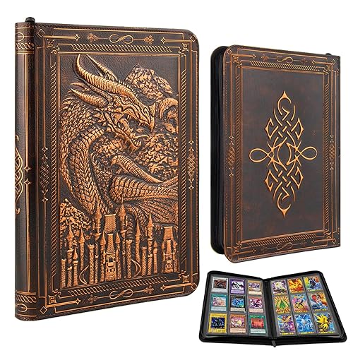 TIANREN Card Binder 9 Pocket, 3D PU Leather Album with Zipper, 360 Side Loading Pockets for TCG, MTG, Lorcana, Other Collectible Cards, Trading Card Game Protective Folder Album (Reddish Brown) - Reddish brown