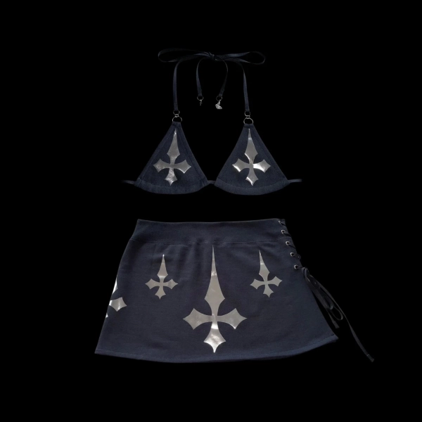 u𝖓𝖍𝖔𝖑𝖞༻ 2 pc set handmade black bikini top  low rise lace up micro mini skirt silver chrome cross y2k grunge alt goth punk cyber rave