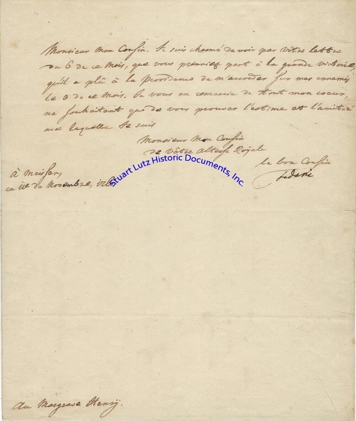 Frederick the Great signed letter 1760 re Battle of Torgau victory over Austria