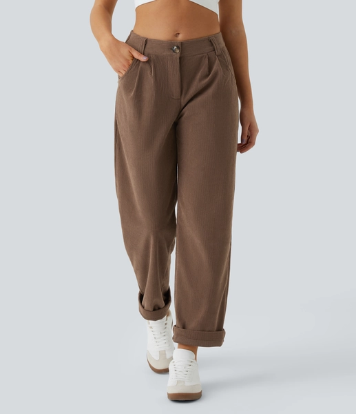 Mid Rise Zipper Pocket Corduroy Casual Trousers