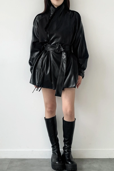  TM3 Black Fur Faux Leather Durumagi Half Coat