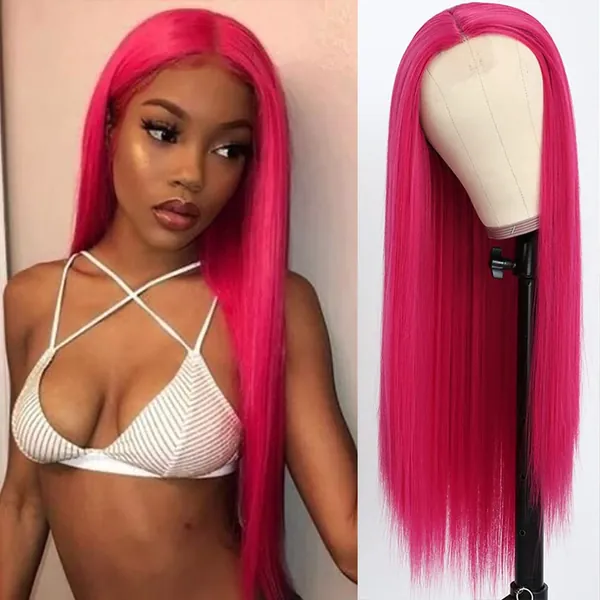QD-Tizer Hot Pink Wig Long Straight Hair Red Pink Color Natural Hair Line Wigs for Fashion Women Heat Resistant Synthetic Hair Wigs