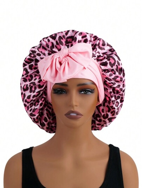 1PC Bowknot Lace Up Satin Bonnet Solid Color Elastic Sleeping Night Cap Lightweight Bath Cap Hair Bonnets For Women Girls Black Leopard Print