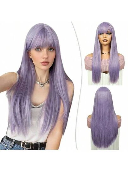 DLong Purper Wig With Bangs Synthetic Lilac Lavender Wig Cosplay Party Colored Wigs Costume Purple Wigs For Women Halloween Party Use