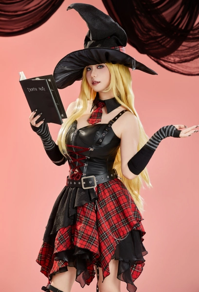 Death Book Misa Misa Derivative Halloween Witch Cosplay Costume Strap Vest and Irregular Skirt with Hat