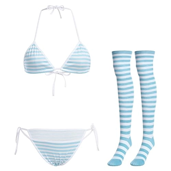 ABAFIP Women Cute Kawaii Anime Lingerie set Halter Strap Micro Bra Tiny Panty Garter Belt Striped Stockings 4Pcs Underwear