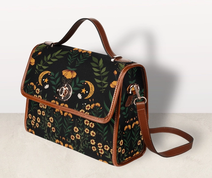 Cottagecore witch Canvas Satchel bag, Cute women witchy floral crossbody purse, vegan leather strap hand bag goth bag, hippies boho gift