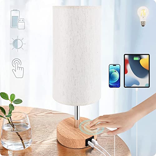 Yarra-Decor Bedside Lamp with USB A+C Port - Touch Control Table Lamp for Bedroom Wood 3 Way Dimmable Nightstand Lamp with Round Flaxen Fabric Shade for Home Office (LED Bulb Included) - USB A+C
