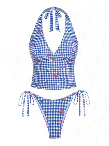 Seamolly Gingham Floral Printed Halter Tie Side Chic Tankini Set | Deep Blue / S