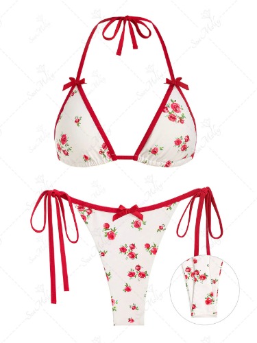 Floral Rose Bow Decor Halter Tie Side Triangle Tanga Thong Bikini Set | Red / S
