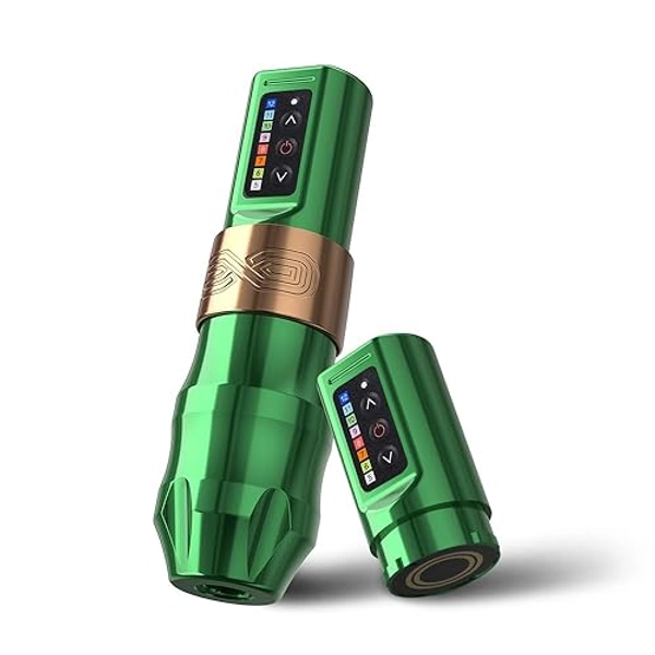 Moteng Wireless Tattoo Gun Rotary Cartridge Tattoo Gun with Extra 2000mAh Battery Power Coreless Motor Tattoo Equipment Supply for Professionals and Beginners Tattoo Artists, Green+ Extra Battery