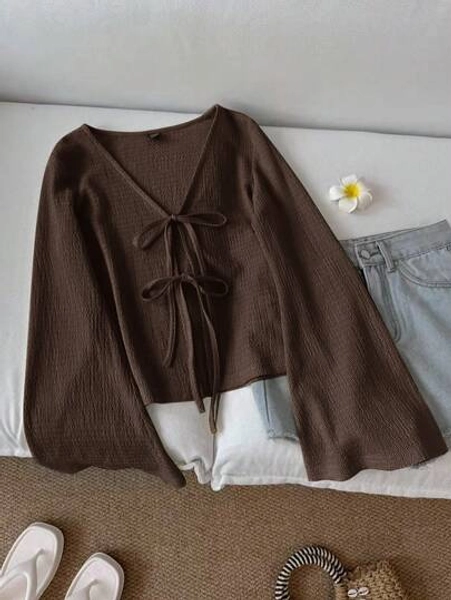 SHEIN LUNE Women's Casual Solid Color V-Neck Flare Sleeve Twist Front Blouse, Spring/Autumn Brown V-Neck Top Dark Brown Top Chocolate Brown Top Coffee Brown Top Brown Tie Front Top,Blusas Femininas Elegante