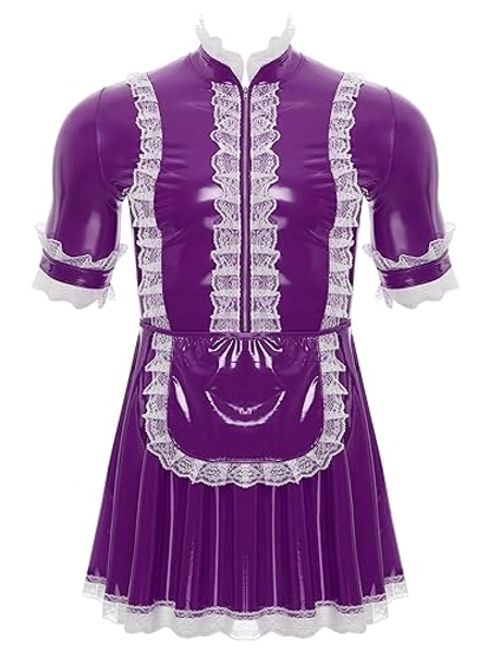 LiiYii Men's Cosplay Maid Dress Costume Leather Wet Look Uniform Short Sleeve Sissy Dresses Outfits