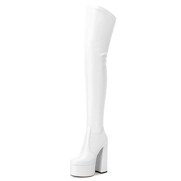 SKYSTERRY Women's Thigh High Boots Over The Knee Platform High Chunky Round Toe Heels Boots Side Zipper Sexy Comfortable Long Boots