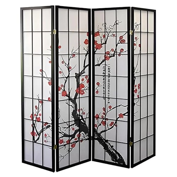 Legacy Decor 4-Panel Blossom Screen - Portable, Foldable Shoji Style Room Divider - Plum Blossom, Freestanding Room Privacy Dressing Screen - Temporary Wall Partition for Home, Office & Studio - Black