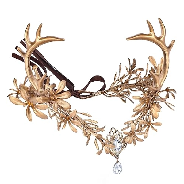 MOSTORY Flower Antler Crown Headband - Handmade Elf Circlet Woodland Floral Headpiece for Women Girls Renaissance