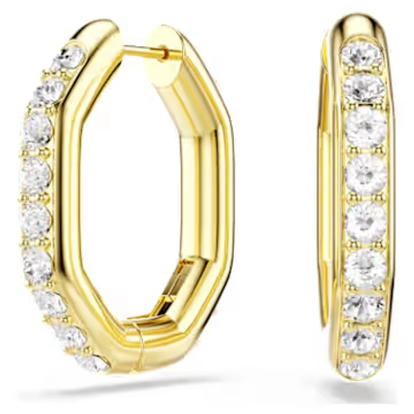 Dextera hoop earrings, Octagon shape, Round cut, Medium, White, Gold-tone plated