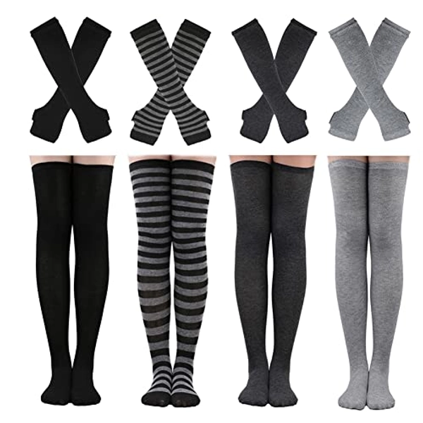 Barrlves 2/4 Sets Womens Striped Knee High Socks Long Knitted Arm Warmers Fingerless Gloves for Halloween Costume