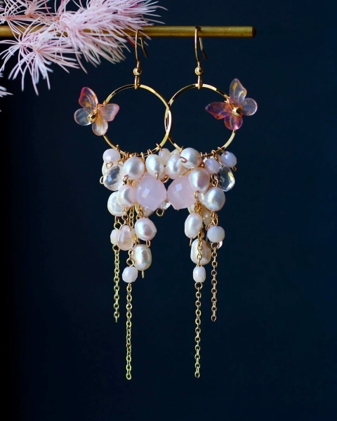 14K Gold Filled Handmade Gemstone Earrings // Soft Pink Spring Floral Butterfly Charm Dainty Unique Design Jewelry // Lovely Gift for Her - Etsy Spain
