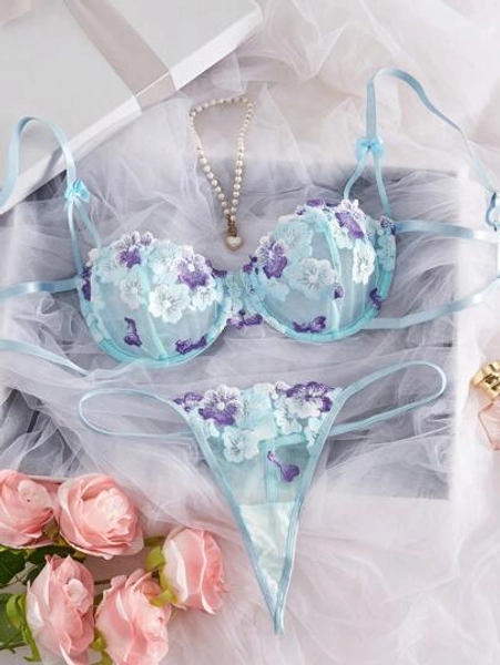 Women's Summer Colorblock Floral Embroidery Breathable Sexy Lingerie Set, Rave