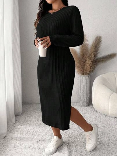 SHEIN Frenchy Plus Size Solid Color Round Neck Long Sleeve Casual Split Hem Dress