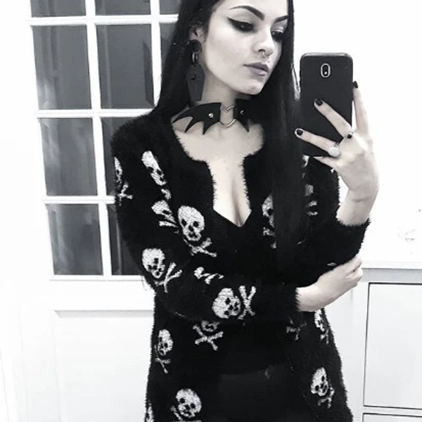Fuzzy Bones' Black and White Fluffy Skull Goth Emo Cardigan