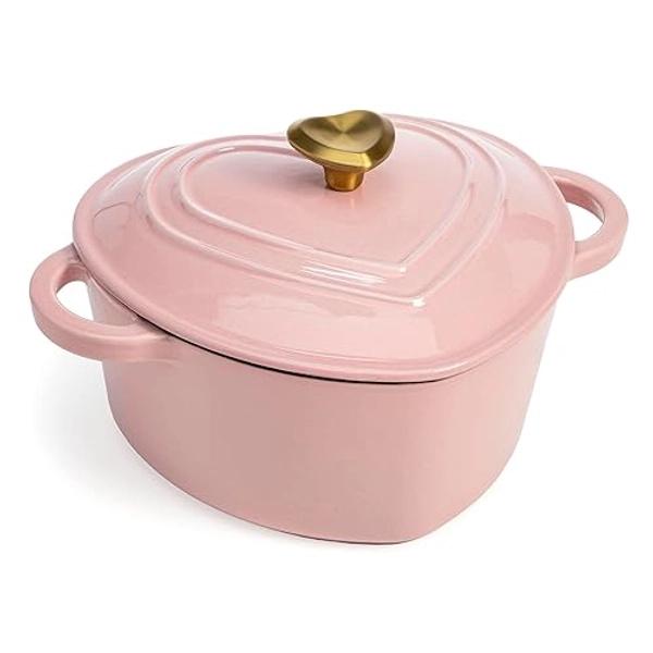 Paris Hilton Enameled Cast Iron Dutch Oven Heart-Shaped Pot with Lid, Dual Handles, Works on All Stovetops, Oven Safe to 500°F, 4-Quart, Pink